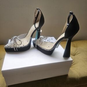 Betsey Johnson Black and Turquoise Crystal Bow Platform Heels